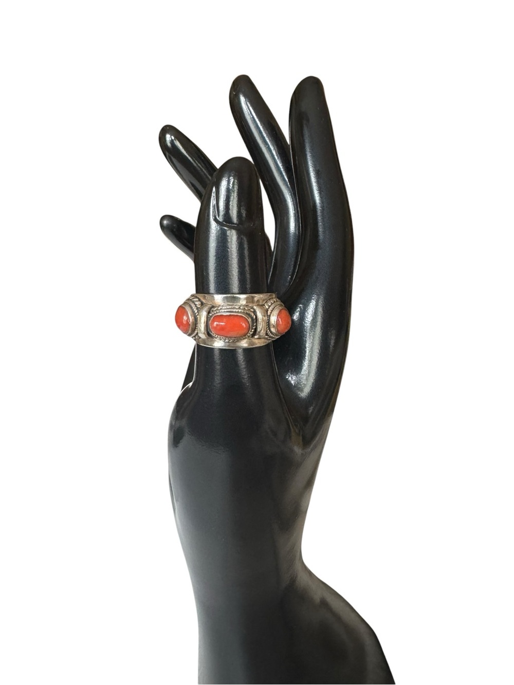 Sterling Silver Red Coral Cabochon Statement Ring